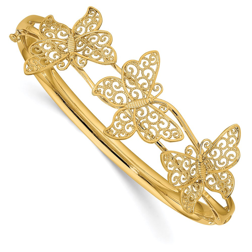 14K Polished Filigree Butterflies Hinged Oval Bangle Bracelet, 20 mm