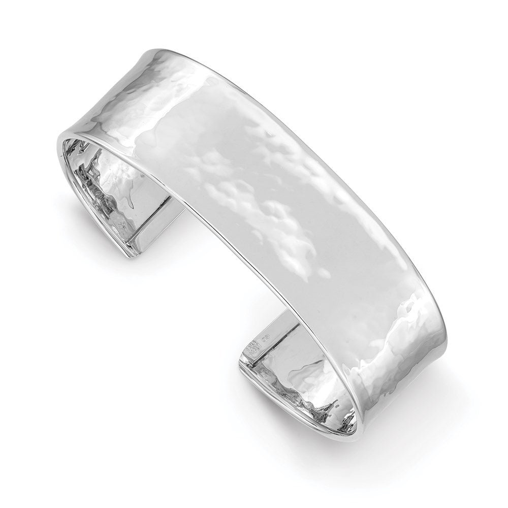 14k White Gold 19mm Hammered Polished Cuff Bangle Bracelet, 19 mm
