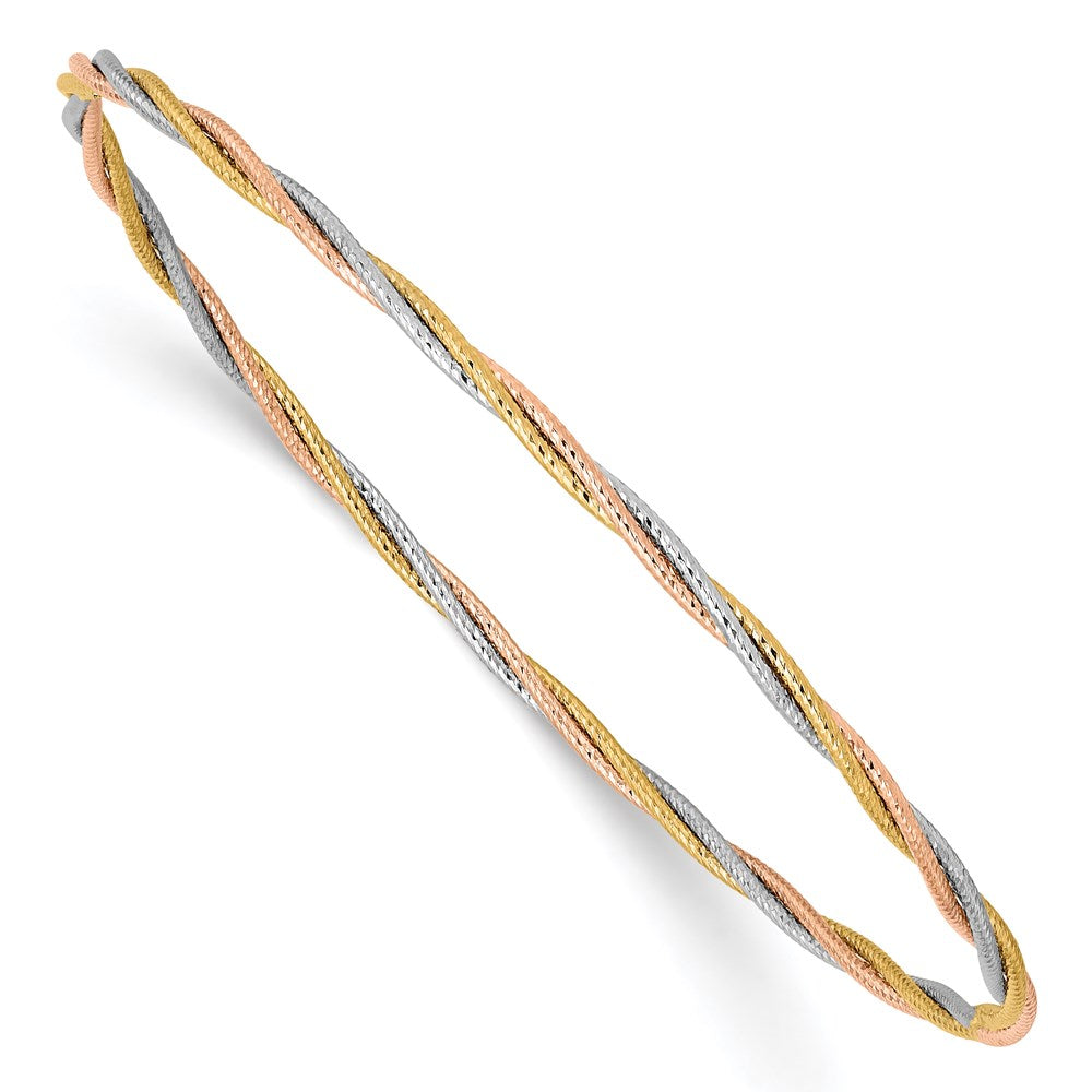 14k Tri-color Polished Diamond-cut Twisted 2.00mm Slip-on Round Bangle Bracelet, 7.25 x 2 mm