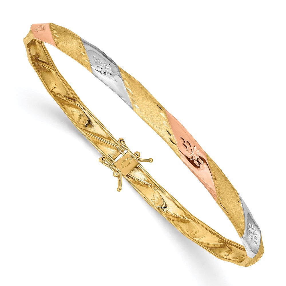 14K with White and Rose Rhodium Polished and Satin Diamond-cut 5.00mm Flexible Round Bangle Bracelet, 4.75 mm