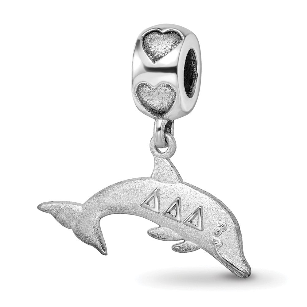 Sterling Silver RH-plated LogoArt Delta Delta Delta Dolphin On Heart Bead, 0.52 x 0.77 mm