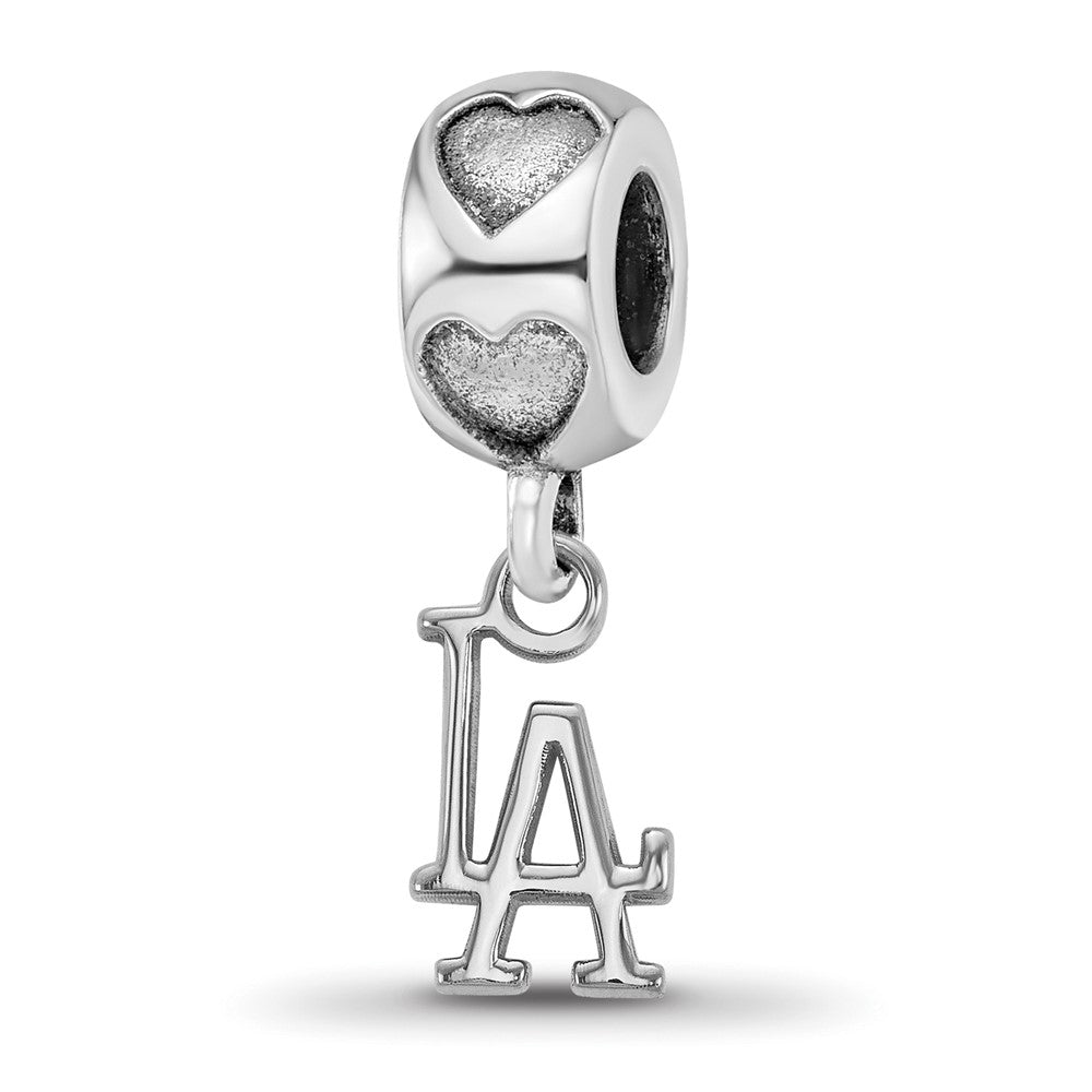 Sterling Silver Rh-plated LogoArt Los Angeles Dodgers LA on Heart Bead, 0.38 x 0.38 mm