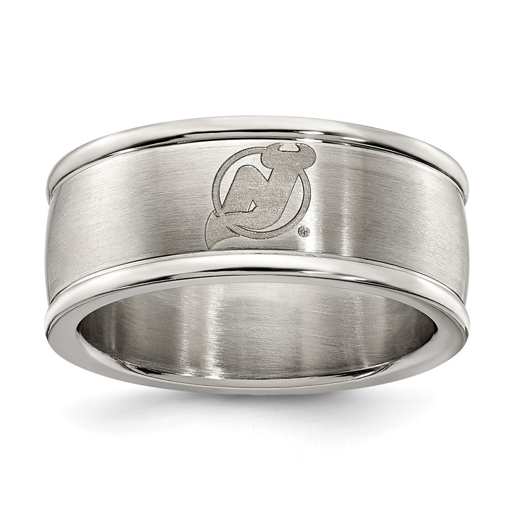 NEW JERSEY DEVILS STAINLESS STEEL LOGO BAND RING SIZE 8, 0.7 x 0.3 mm