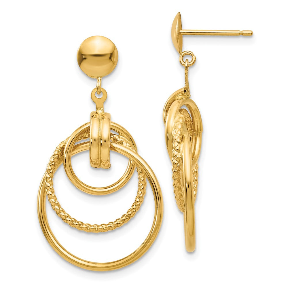 14k Polished and Textured Intertwined Circles Dangle Post Earrings, 31 x 18 mm