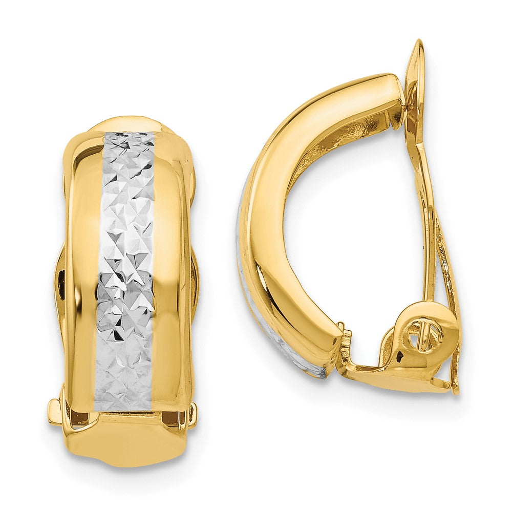 14k and White Rhodium 6x17mm Diamond-cut Half Hoop Omega Back Non-pierced Earrings, 17 x 6 mm