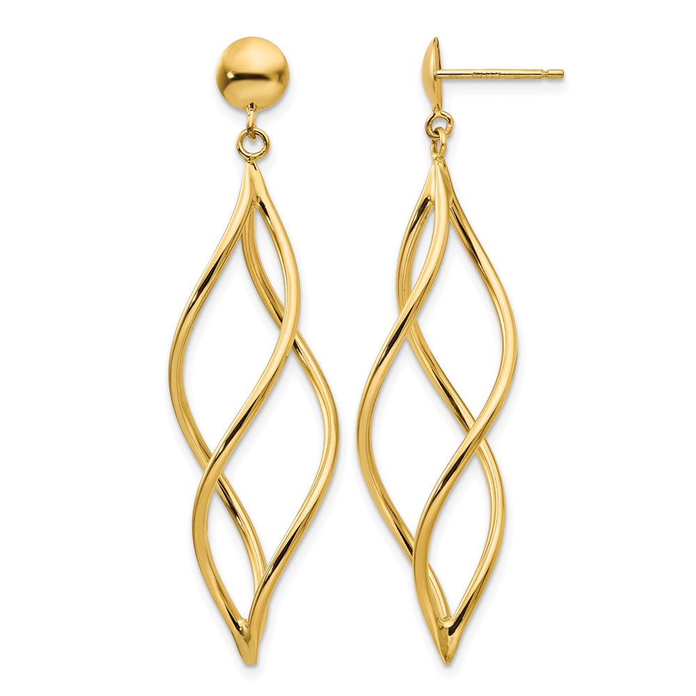 14k Curved Tube Swirl Dangle Post Earrings, 51 x 12 mm