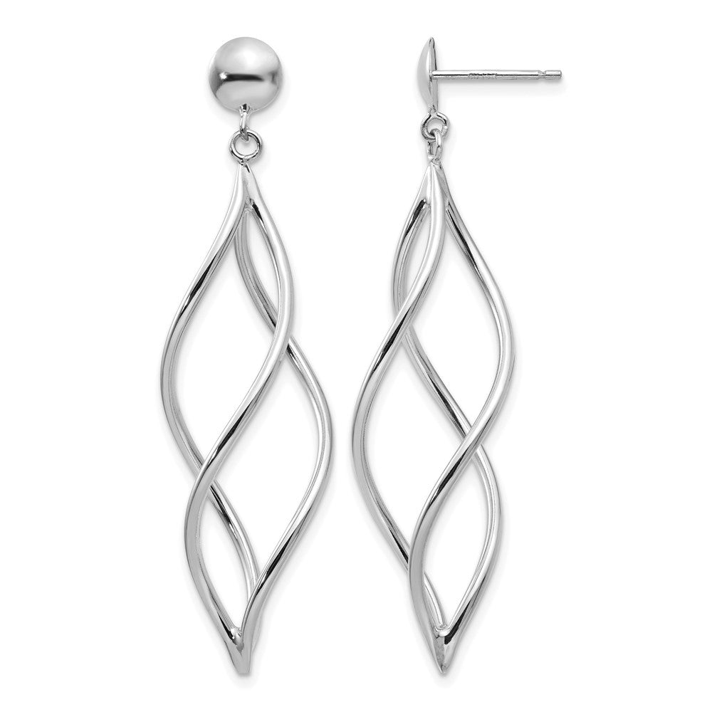 14k White Gold Curved Tube Swirl Dangle Post Earrings, 51 x 12 mm