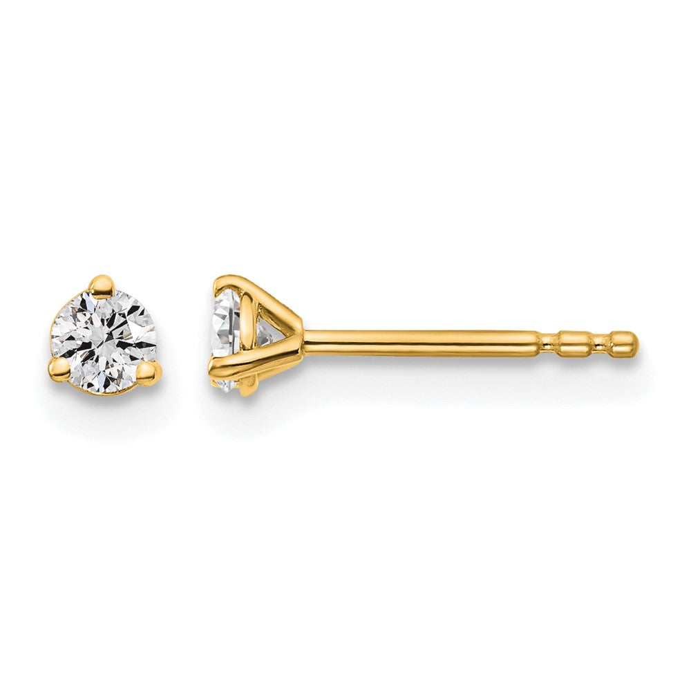 14k 1/5 carat Certified Lab Grown Diamond VS/SI+ G+ Round Complete Three Prong Stud Earrings, 0.2 ct, 3 x 3 mm