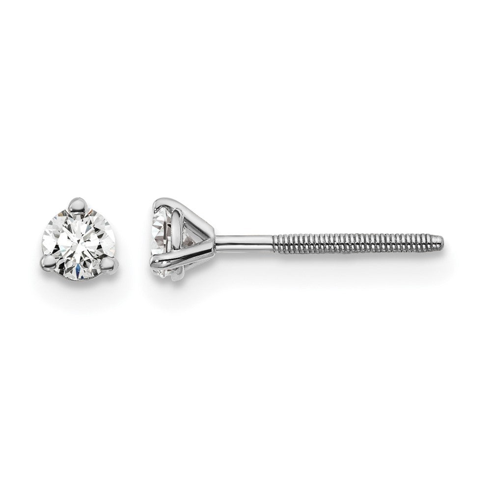 14k White Gold 1/5 carat Certified Lab Grown Diamond VS/SI+ G+ Round Complete Three Prong Screwback Stud Earrings, 0.2 ct, 3 x 3 mm