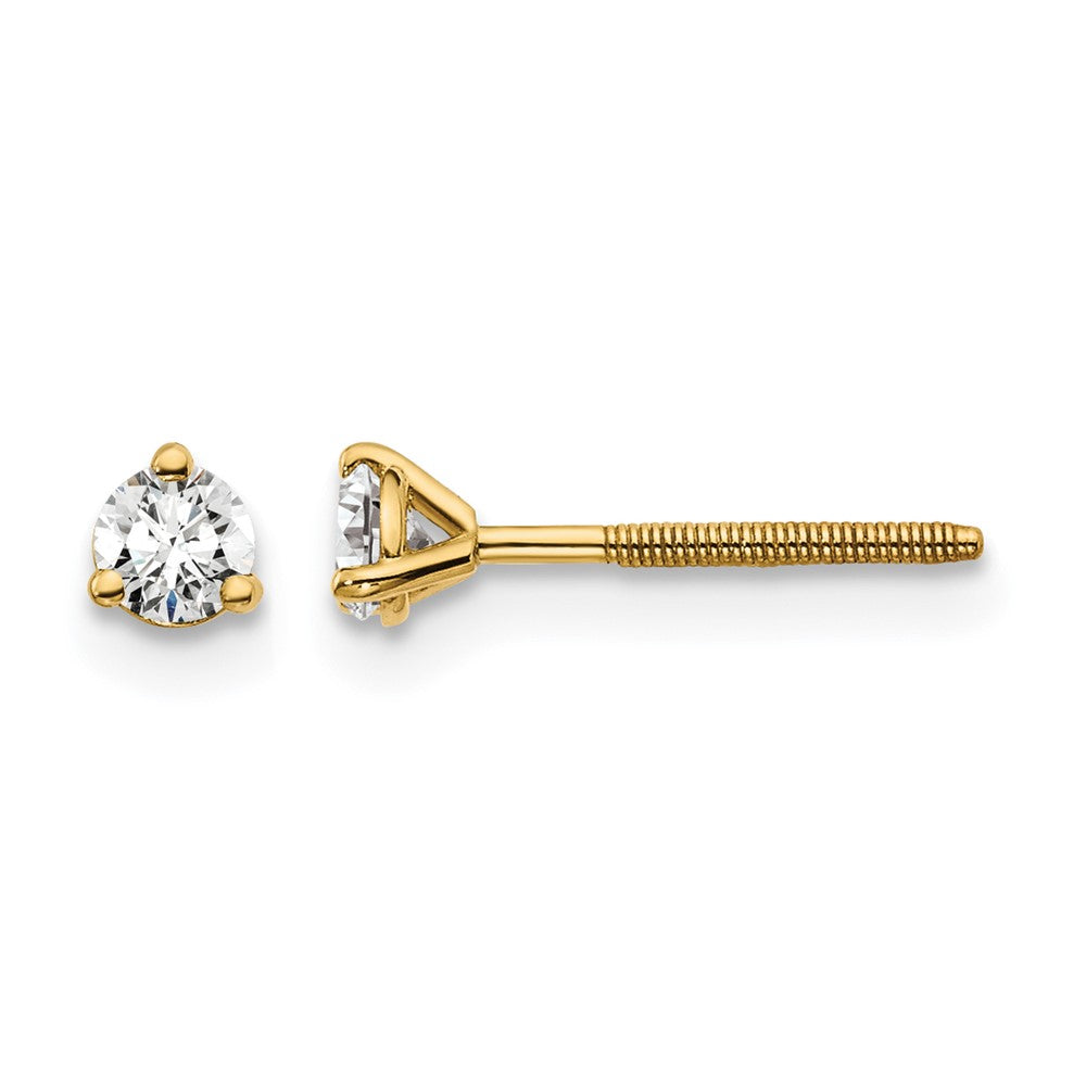14k 1/5 carat Certified Lab Grown Diamond VS/SI+ G+ Round Complete Three Prong Screwback Stud Earrings, 0.2 ct, 3 x 3 mm