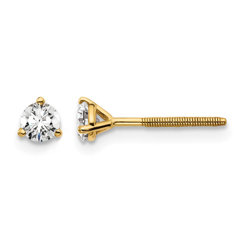 14k 1/3 carat Certified Lab Grown Diamond VS/SI+ G+ Round Complete Three Prong Screwback Stud Earrings, 0.329 ct, 3.5 x 3.5 mm