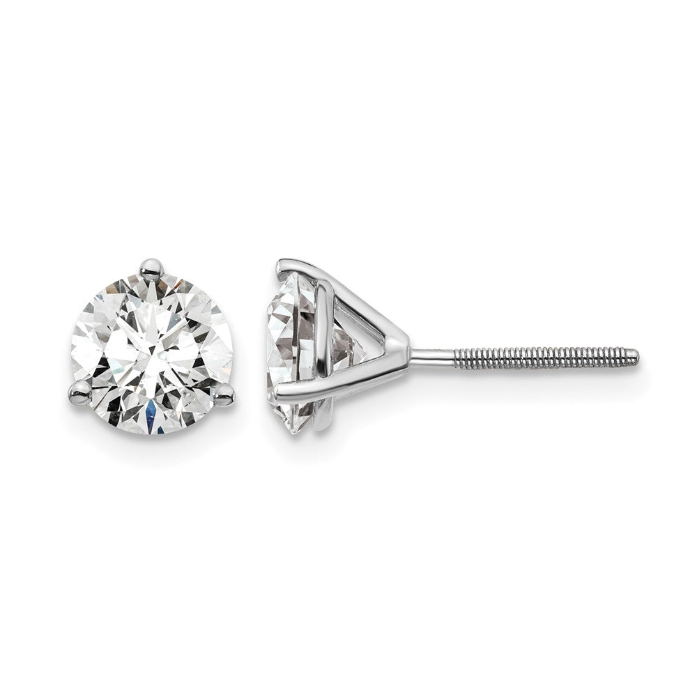 14k White Gold 2 carat Certified Lab Grown Diamond VS/SI+ G+ Round Complete Three Prong Screwback Stud Earrings, 6.5 x 6.5 mm