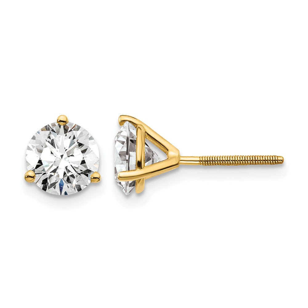 14k 2 carat Certified Lab Grown Diamond VS/SI+ G+ Round Complete Three Prong Screwback Stud Earrings, 6.5 x 6.5 mm