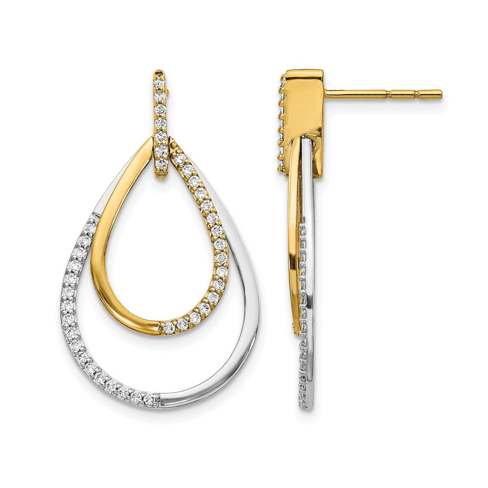 14k Two-tone 1/2 carat Diamond Teardrop Dangle Post Earrings, 0.48 ct, 30 x 17 mm