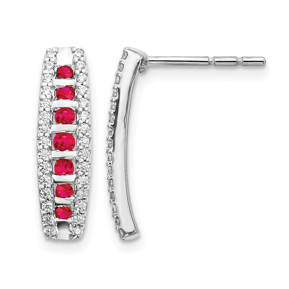 14k White Gold Diamond and Ruby Fancy Curved Post Earrings, 0.69 ct, 17 x 5 mm