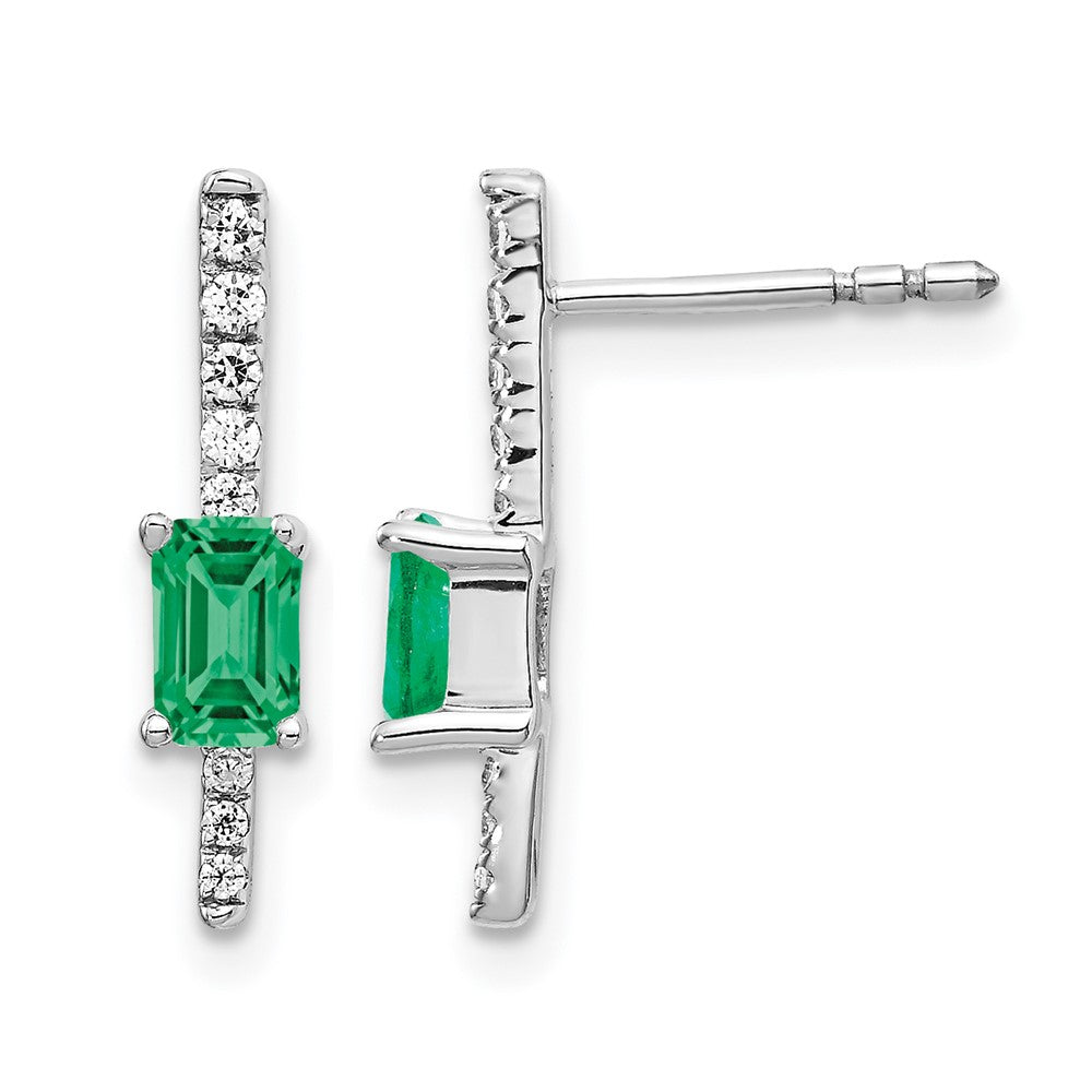 14k White Gold 5x3mm Emerald-cut Emerald and Diamond Post Earrings, 0.498 ct, 16 x 4 mm