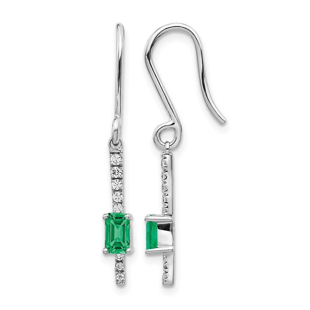 14k White Gold 4x3mm Emerald-cut Emerald and Diamond Dangle Shepherd Hook Earrings, 0.498 ct, 30 x 4 mm