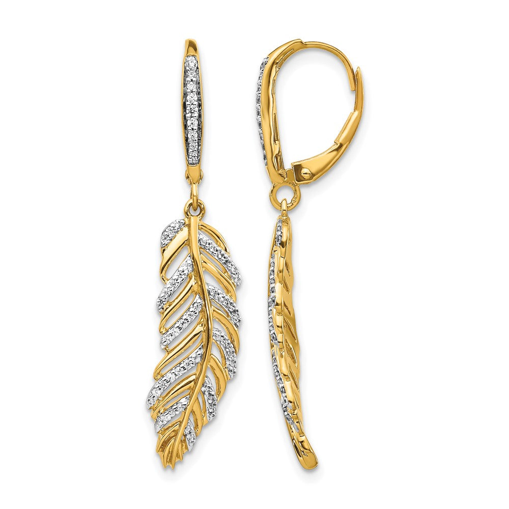 14k Diamond Fancy Feather Leverback Earrings, 0.346 ct, 38 x 8 mm