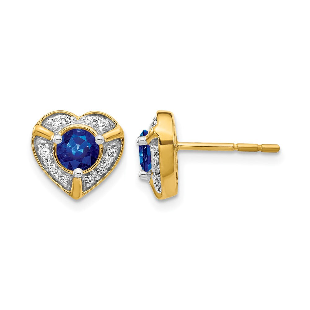 14k 4.5mm Round Sapphire and Diamond Halo Fancy Heart Post Earrings, 1.456 ct, 9 x 10 mm