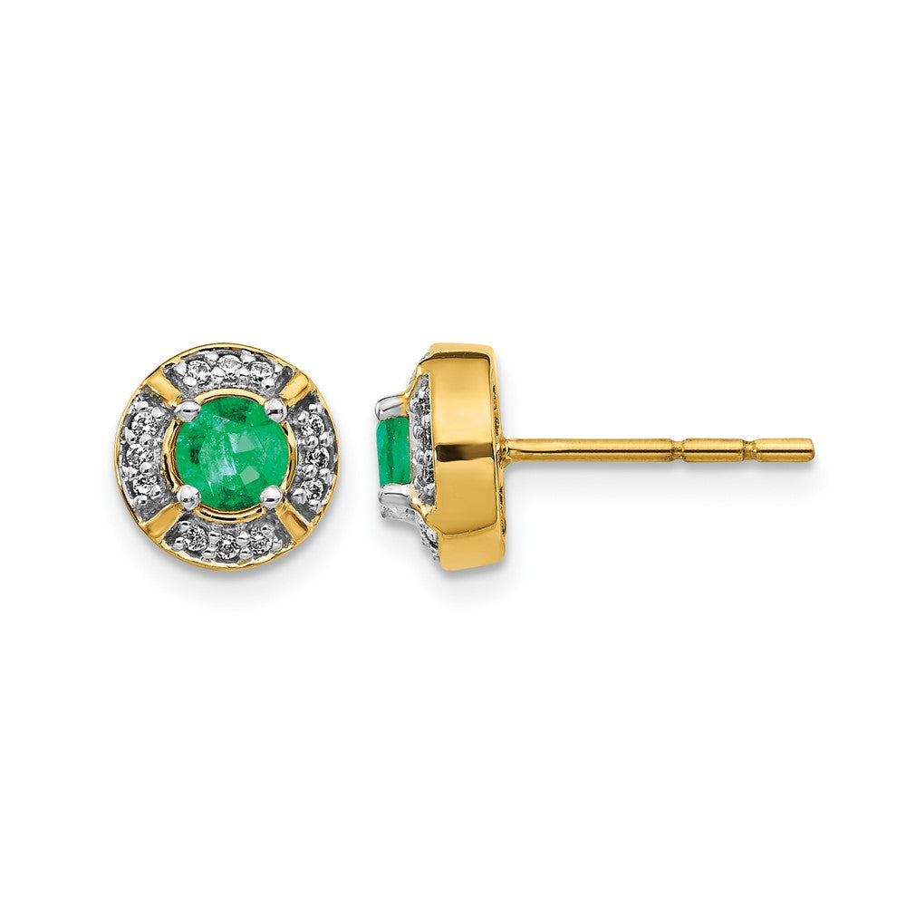14k 4.1mm Round Emerald and Diamond Halo Post Earrings, 0.62 ct, 8 x 8 mm