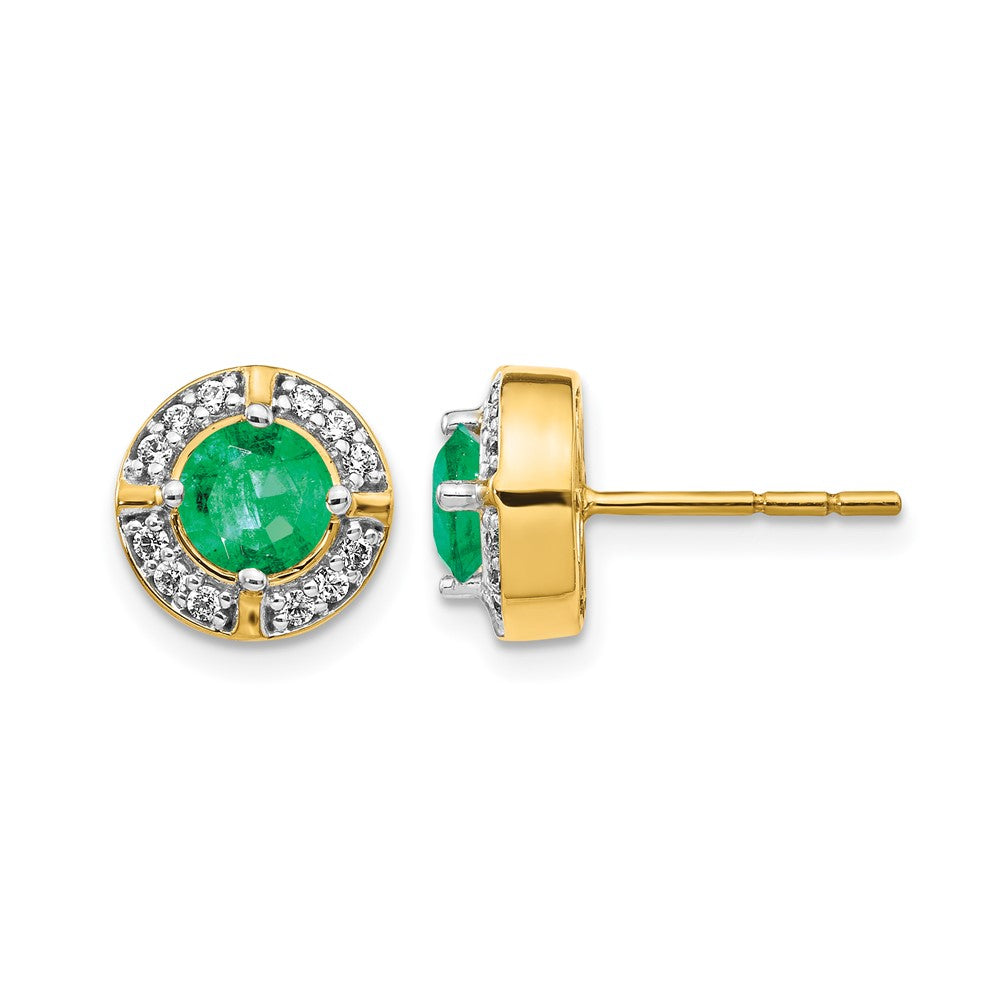 14k  5mm Round Emerald and Diamond Halo Post Earrings, 1.192 ct, 10 x 10 mm