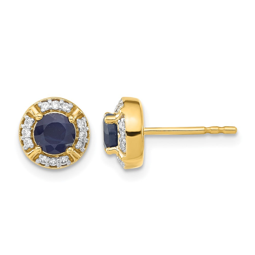 14k 4.5mm Round Sapphire and Diamond Halo Post Earrings, 1.464 ct, 9 x 9 mm