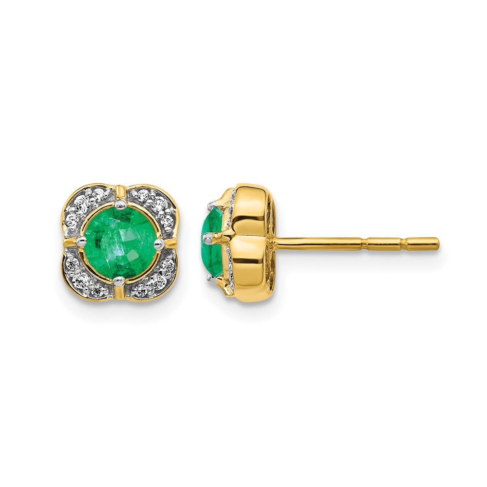 14k 4.5mm Round Emerald and Diamond Fancy Square Post Earrings, 0.756 ct, 8 x 8 mm