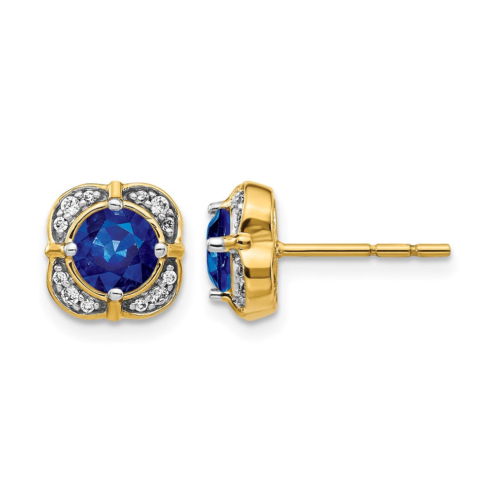 14k 5.2mm Round Sapphire and Diamond Fancy Square Post Earrings, 2.128 ct, 8 x 8 mm