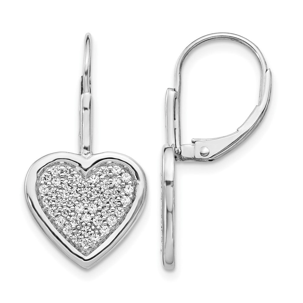 14k White Gold 1/2 carat Diamond Pave Fancy Heart Leverback Earrings, 0.516 ct, 24 x 12 mm