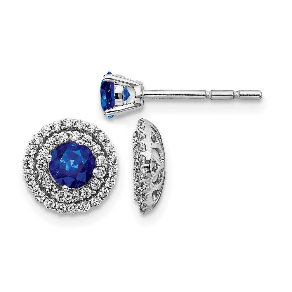 14k White Gold Double Row Diamond Halo Jackets and 4mm Sapphire Stud Earrings, 1.37 ct, 8 x 8 mm
