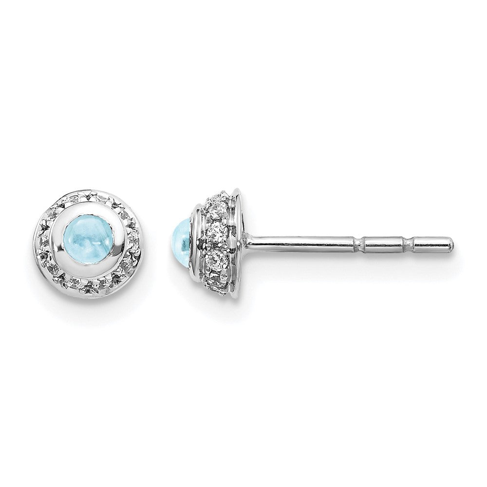 14k White Gold 2.5mm Round Aquamarine Cabochon and Diamond Halo Post Earrings, 0.336 ct, 5 x 5 mm