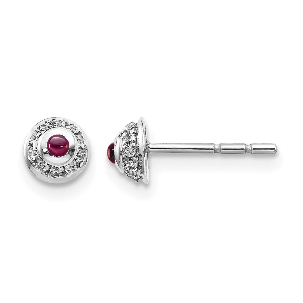 14k White Gold Diamond and Round Rhodolite Garnet Cabochon Post Earrings, 0.176 ct, 3 x 3 mm