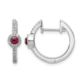 14k White Gold 2.7mm Round Garnet Cabochon and .20 carat Diamond Hinged Hoop Earrings, 0.658 ct, 16 x 17 mm