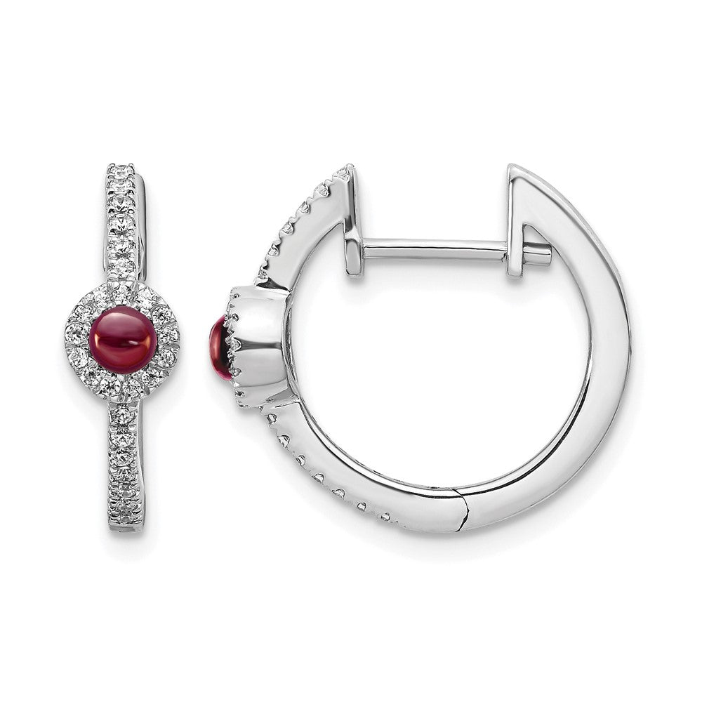14k White Gold 2.7mm Round Garnet Cabochon and .20 carat Diamond Hinged Hoop Earrings, 0.658 ct, 16 x 17 mm