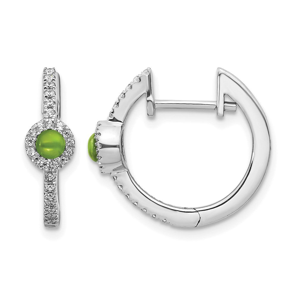 14k White Gold 2.7mm Round Peridot Cabochon and .20 carat Diamond Hinged Hoop Earrings, 0.658 ct, 16 x 5 mm