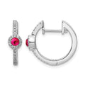 14k White Gold 2.7mm Round Ruby Cabochon and Diamond Hinged Hoop Earrings, 0.658 ct, 16 x 17 mm