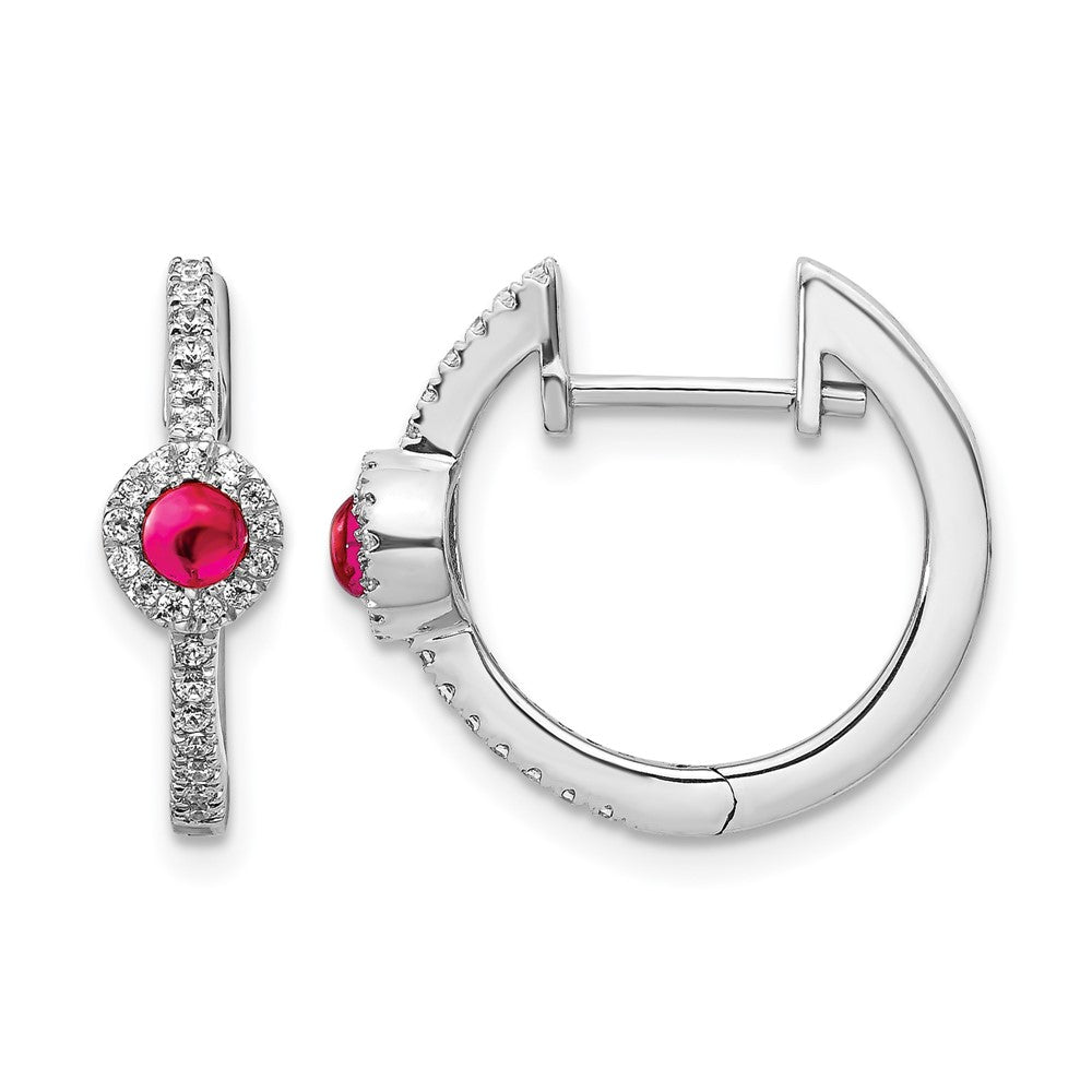 14k White Gold 2.7mm Round Ruby Cabochon and Diamond Hinged Hoop Earrings, 0.658 ct, 16 x 17 mm