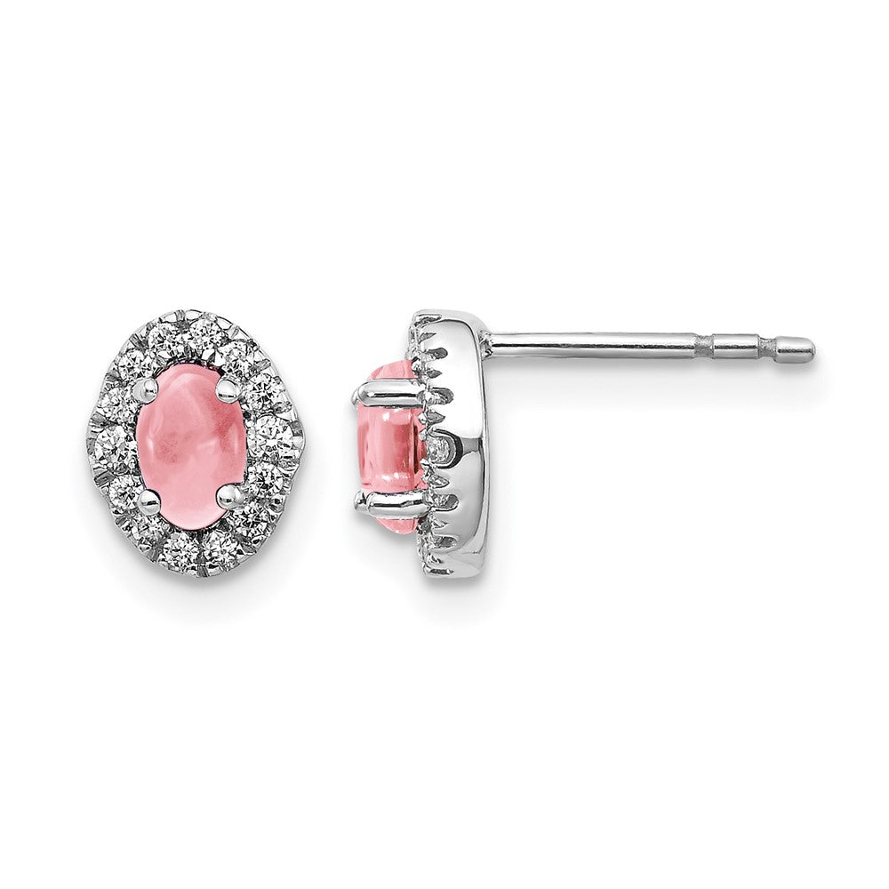 14k White Gold 5x3mm Oval Pink Tourmaline Cabochon and Diamond Halo Post Earrings, 0.86 ct, 8 x 6 mm