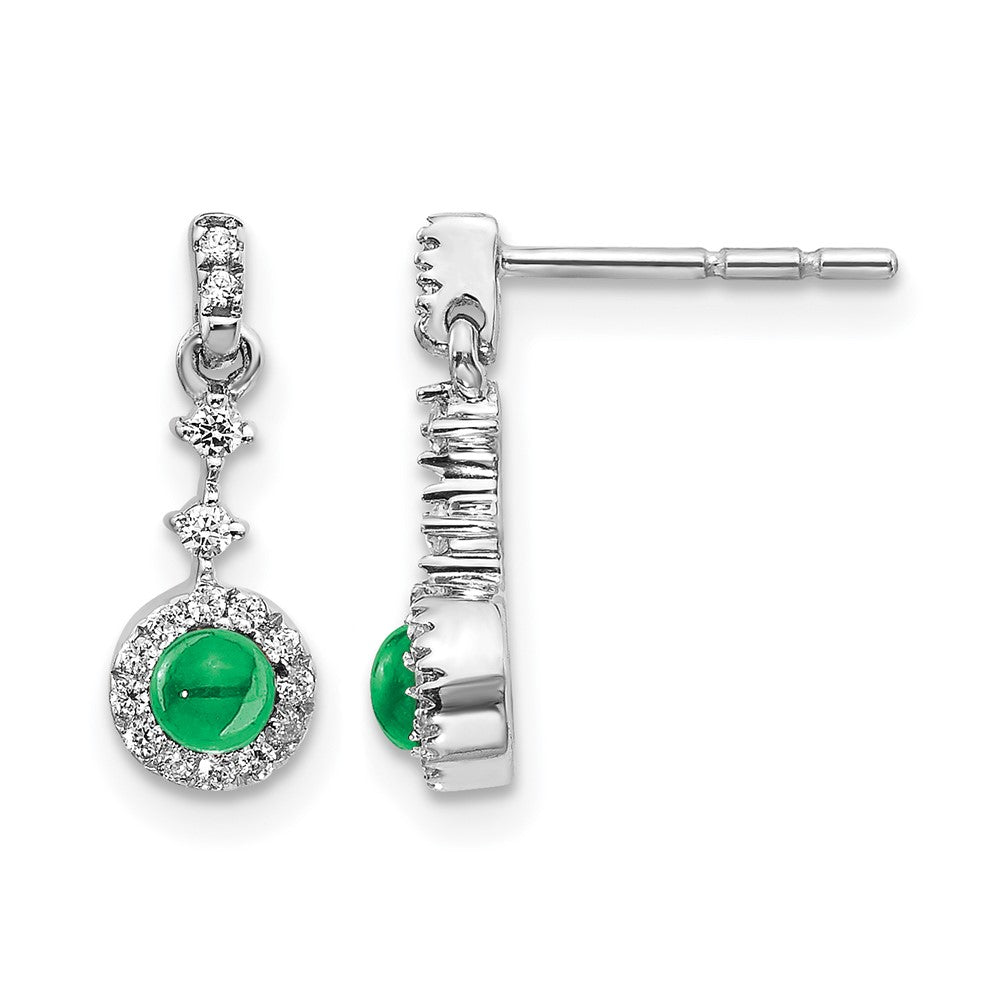 14k White Gold 3mm Round Emerald Cabochon and Diamond Halo Dangle Post Earrings, 1.072 ct, 15 x 5 mm