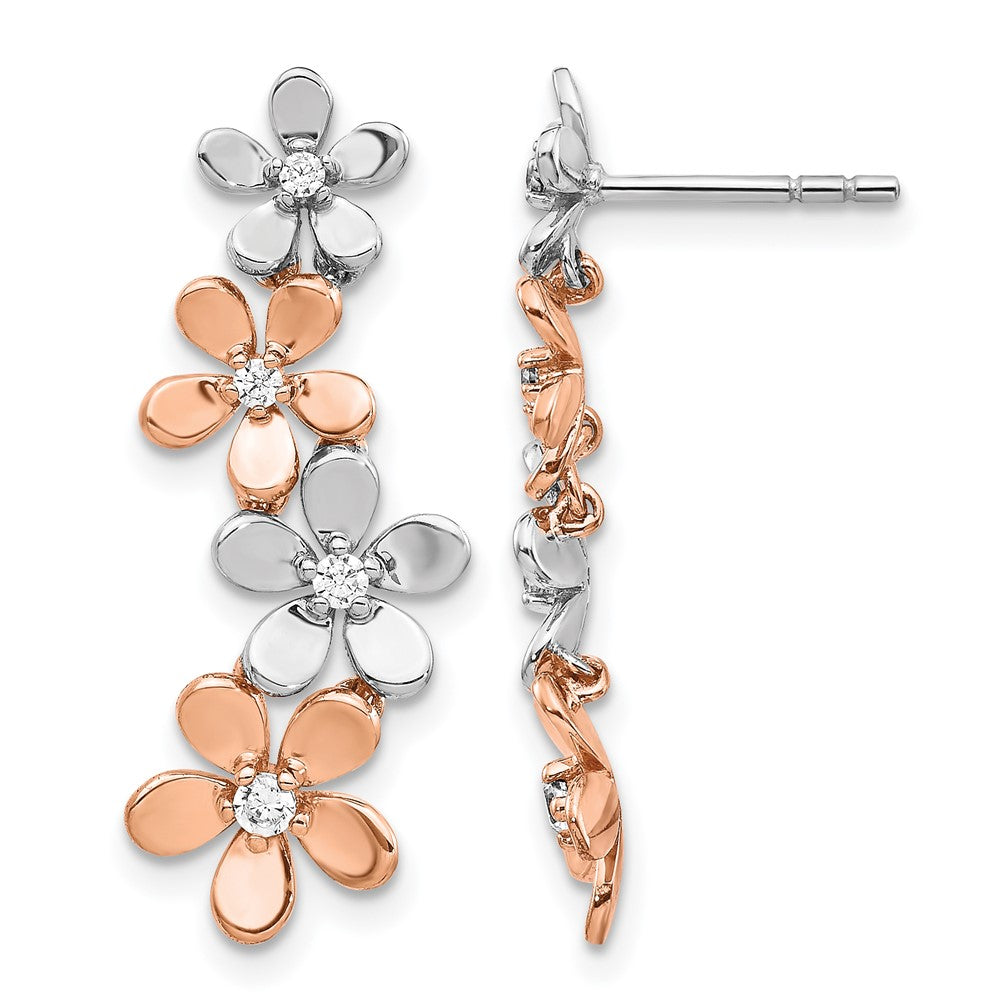 14k Rose and White Gold 1/5 carat Diamond Flowers Dangle Post Earrings, 0.19 ct, 26 x 9 mm