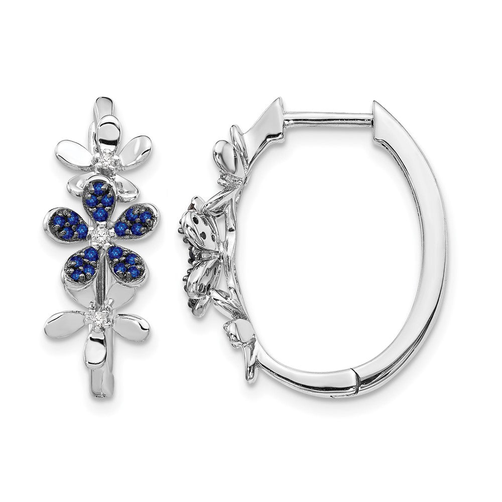 14k White Gold Diamond and Sapphire Floral Oval Hinged Hoop Earrings, 0.412 ct, 22 x 19 mm