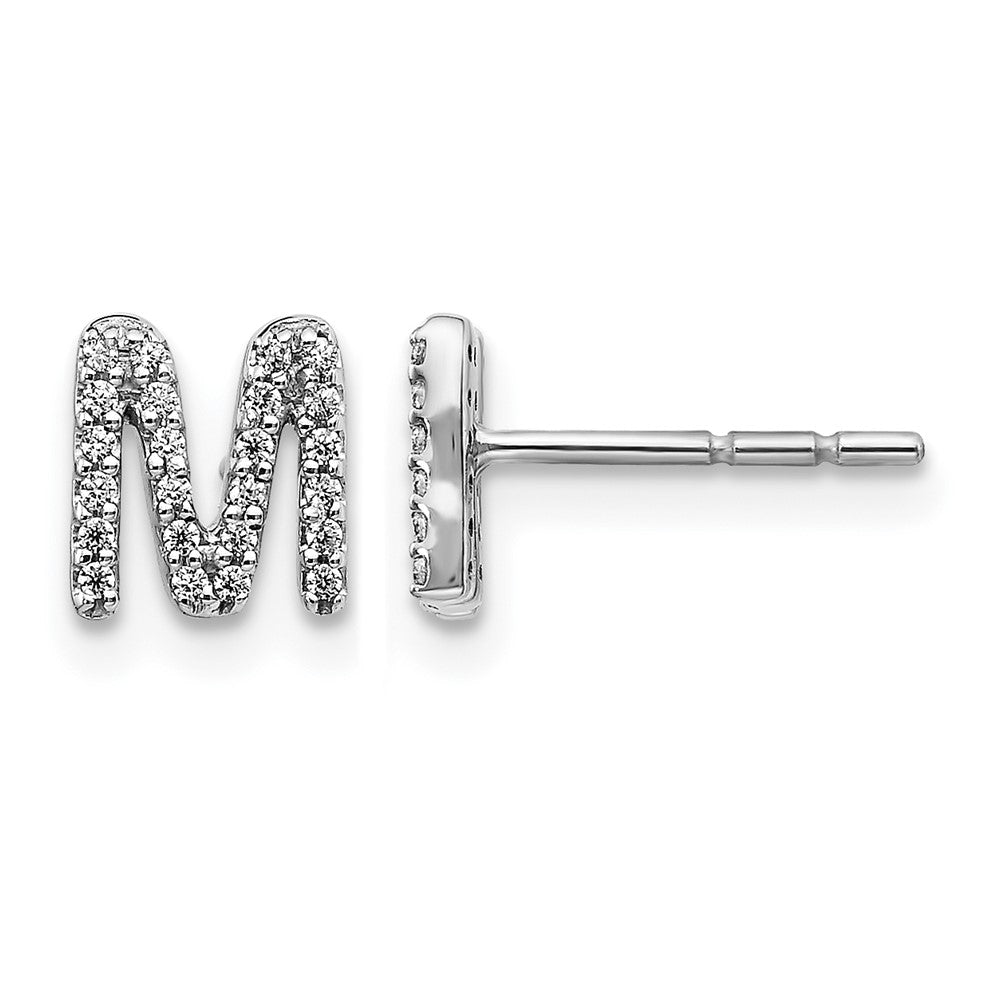 14k White Gold Diamond Initial M Post Earrings, 0.148 ct, 7 x 5 mm