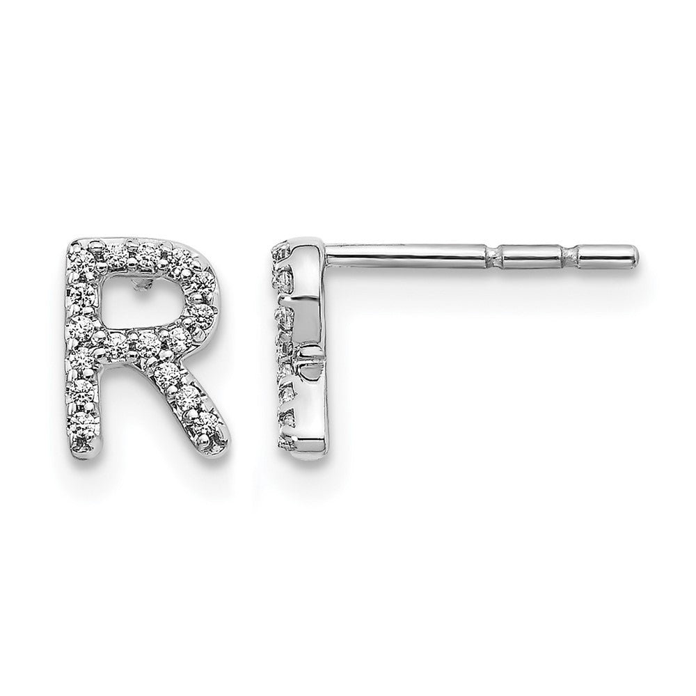 14k White Gold Diamond Initial R Post Earrings, 0.102 ct, 7 x 5 mm