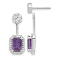 14k White Gold 5/8 carat Diamond and 7x5mm Emerald-cut Amethyst Front/Back Post Earrings, 4.8 ct, 21 x 8 mm
