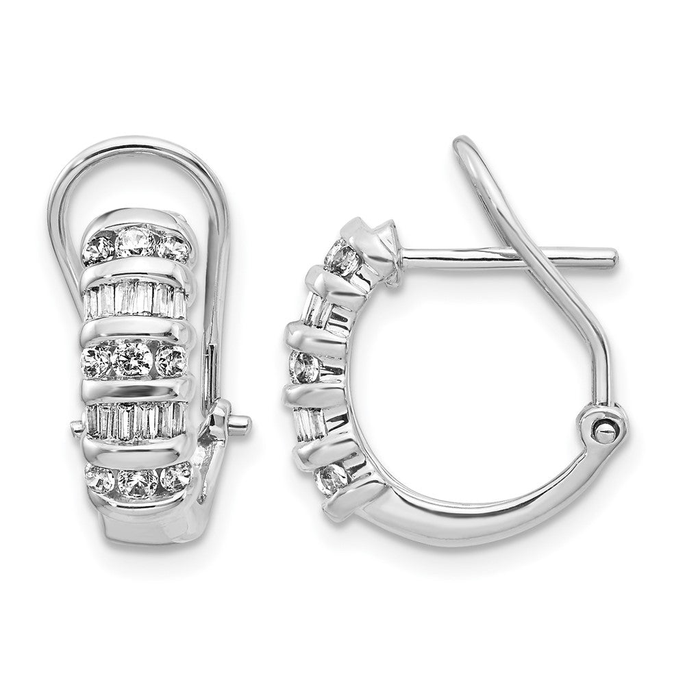 14k White Gold 1/2 carat Round/Baguette Diamond Omega Back Hoop Earrings, 0.5 ct, 14 x 14 mm