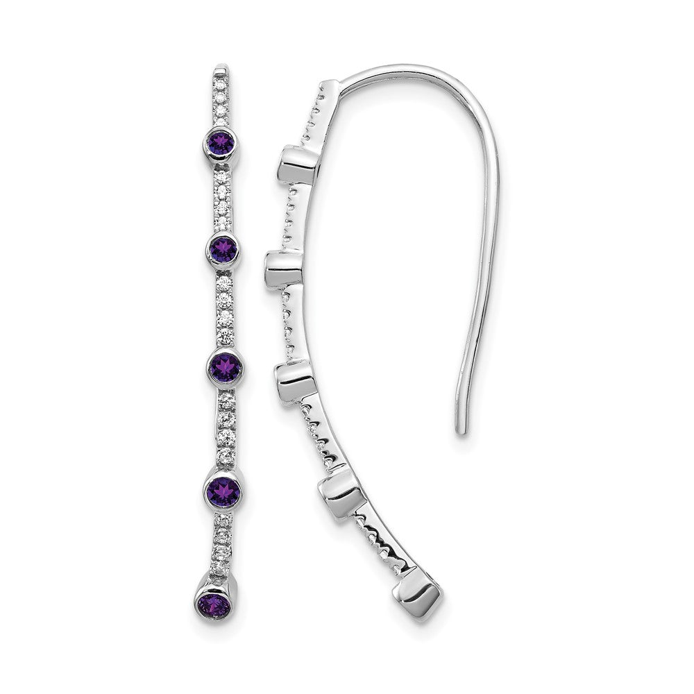 14k White Gold 1/5 carat Diamond and Round Amethyst Threader Earrings, 0.572 ct, 36 x 2 mm