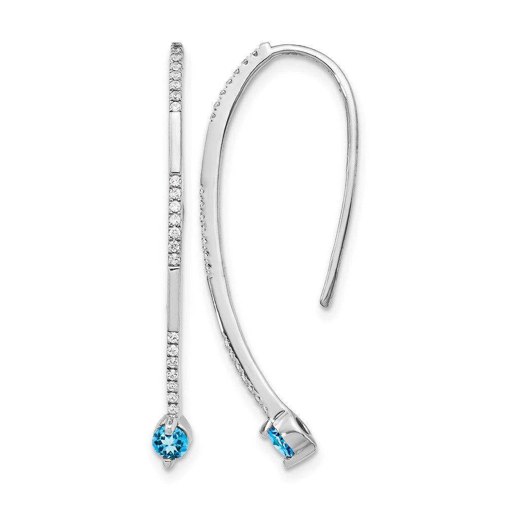 14k White Gold 1/6 carat Diamond and Round Blue Topaz Threader Earrings, 0.532 ct, 34 x 2 mm