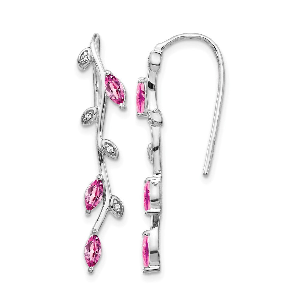 14k White Gold Diamond and Marquise Pink Sapphire Leaves Drop Wire Earrings, 1.07 ct, 34 x 6 mm