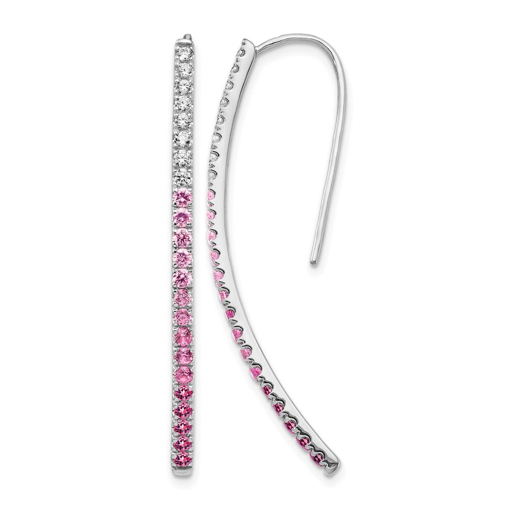 14k White Gold Ombre Pink Sapphire and Diamond Drop Wire Earrings, 3.02 ct, 44 x 2 mm