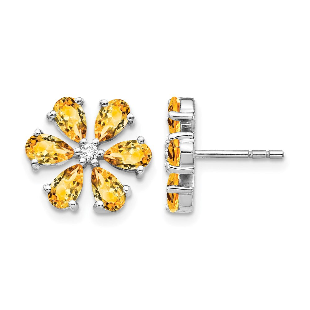 14k White Gold Diamond and Pear Citrine Flower Post Earrings, 4.524 ct, 12 x 12 mm